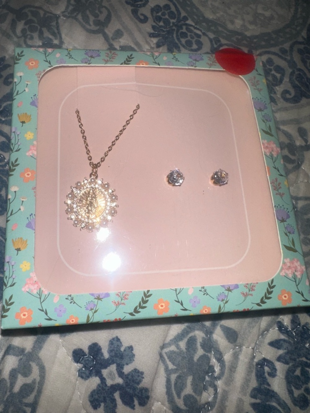Gold Virgin Mary Pendant Necklace and Cubic Zirconia Stud Earrings Set